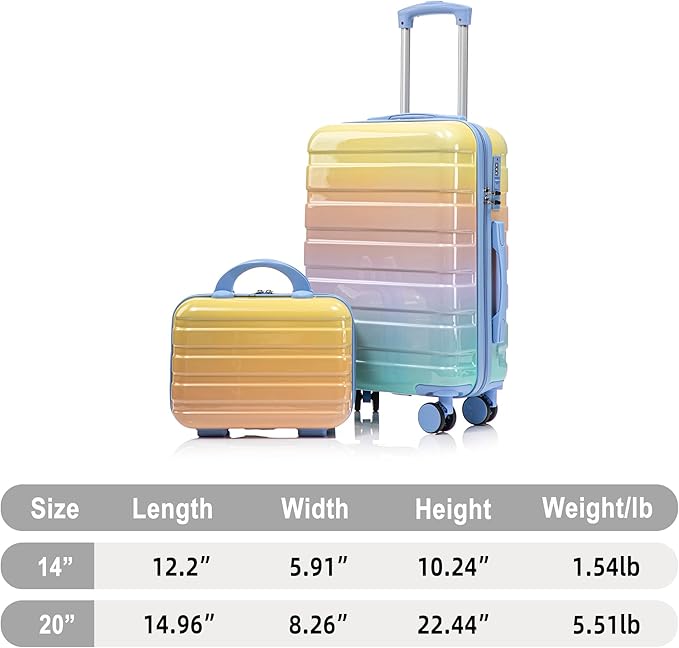 Kids Luggage Sets for Girls, 2 Piece Luggage Set, 20 Inch Rotating Wheel Suitcase with 14 Inch Cosmetic Case, Lightweight Hardshell Suitcase with 360° Spinner Wheels for Travel (Blue+Yellow)