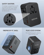 EPICKA Universal Travel Adapter, GaN 75W International Plug Adapter with 3 USB-C PD Fast Charging & 2 USB-A Quick Charging Adaptor All-in-one Wall Charger for USA EU UK AUS (TA-105 Max, Black)