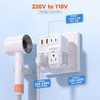 2000W Voltage Converter US to Europe for Hair Dryers, 7-in-1 220V to 110V Converter for European Travel with 3 AC/2 USBA/2 USBC Ports (PD20W), Universal Travel Adapter with Type C G Plug (White)