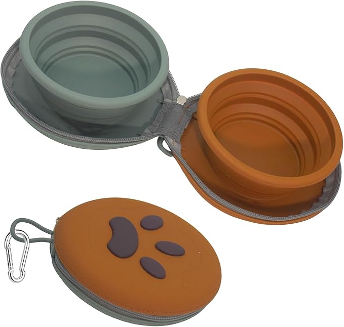 Collapsible Dog Bowls, 2-in-1 Silicone Pet Food and Water Bowl with Carabiner, Portable Double Compartment Dish for Travel, Camping, Hiking Puppy Essentials (Green Brown)