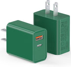 2Pack 20W Type C Charger, Dual Port USB C Wall Plug 20W PD & QC3.0 USB A Fast Charging Block for iPhone, Samsung Galaxy, Google Pixel, Motorola, Oneplus Kindle Cargador Cube Brick Box, Green