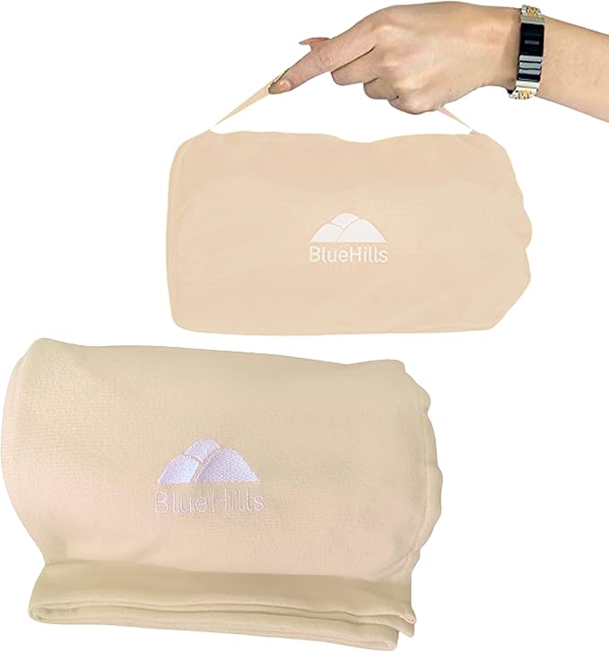 BlueHills Ultra Compact and Compact Light Travel Blankets for Two Value Pack Set of 2 – Airplane Travel Essentials Soft Flight Trips Throw in Portable Cases for Car Plane Travel Gifts – Beige