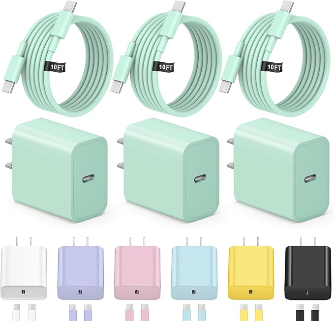 iPhone 17 16 15 Charger Fast Charging 3+3Pack Type C Charger USB C Chargers Block with 10FT Cable for iPhone Air/17/17 Plus/17 Pro/17 Pro Max/16/16 Plus/16 Pro/16 Pro Max/15/15 Pro Max(Green)