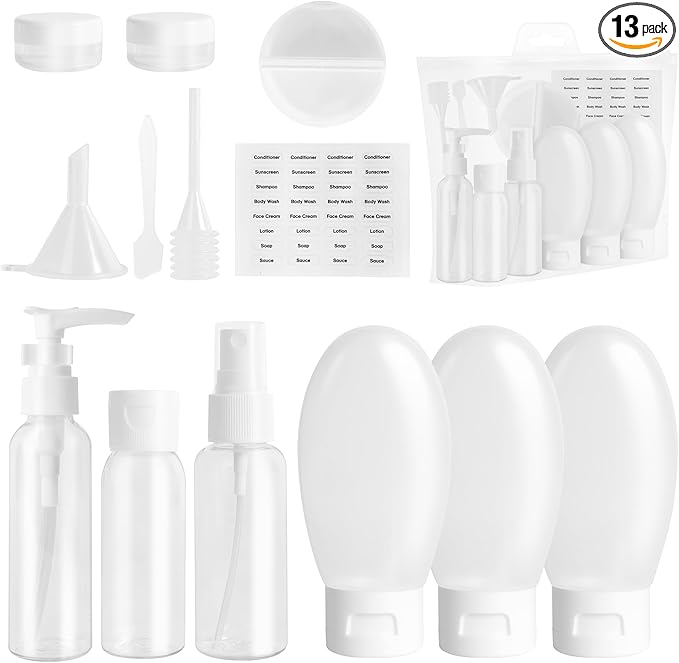 Travel Bottles Set for Toiletries 13Pcs Travel Size Silicone Containers with Labels 60ml Leak Proof Travel Containers for Toiletries Refillable Squeezable Shampoo Conditioner Bottles (White)
