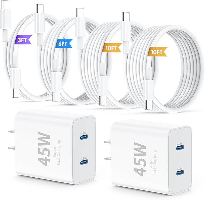 QZIIW iPhone 17 16 15 Pro Max Charger Fast Charging,45W Dual Port USB C Fast Charger Block [2-Pack] & Extra Long 60W 3/6/10/10FT USB C Cable - PD Quick Adapter 3.0 for iPhone 16 15 17/16 15 17 Pro.