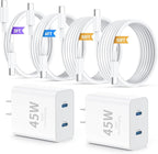 QZIIW iPhone 17 16 15 Pro Max Charger Fast Charging,45W Dual Port USB C Fast Charger Block [2-Pack] & Extra Long 60W 3/6/10/10FT USB C Cable - PD Quick Adapter 3.0 for iPhone 16 15 17/16 15 17 Pro.