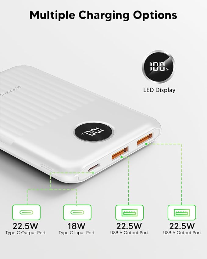 Portable Charger,Ultra Slim 10000mAh 22.5W Power Bank,USB C in/Output Fast Charging Mini Battery Pack Compatible with iPhone 17 16 15 14 Samsung S23 S22 S21 Google iPad etc (White)