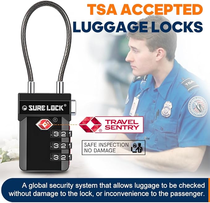 SURE LOCK TSA Approved Luggage Locks with Open Alert & Easy-Read Dials, Re-settable 3-Digit Combination, Zinc Alloy Body for Suitcase, Backpack, Gym Lockers(Black 1 Pack)