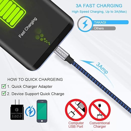 TAKAGI USB to USB C Cable (3Pack 6ft) USB A to Type C Cable Fast Charging Nylon Braided Data Sync Transfer Cord USB C Charger (Blue)