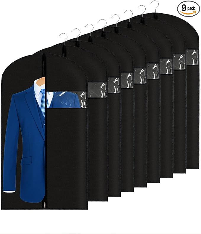 Garment Bags Suit Bags 24 x 43 Inch, 9 Packs Garment Covers for Hanging Clothes on Closet or Travel, PEVA (70GSM) Suit Covers for Storage Suits, T-shirts and Jackets