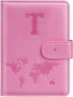 Passport Holder Cover Initail Letter A-Z Travel Wallet Embossed Design RFID Blocking Card Holder Personalized Gift Passport Cover Wallet, Passport Book Holders for Women and Girls, Pink-T
