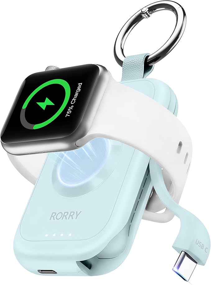 RORRY CharmGo Charger for Apple Watch Series 10, 2500mAh Fast Charging Portable Charger for iWatch, Travel Charger with Built-in USB C Cable for Apple Watch Ultra Series 9 8 7 6 3 Accessories, Blue