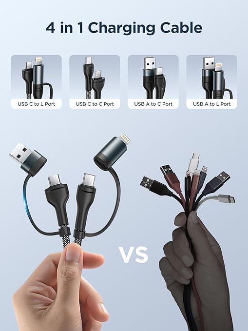 4 in 1 Charging Cable [2Pack 6.6FT] 60W Fast Charging Cord Apple MFi Certified Lightning Cable Nylon Braided Multi USB C Cable for iPhone 16/15 14 13 iPad Samsung Galaxy MacBook iPad Tablets and More