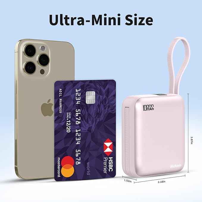 Hichain Small Portable Charger with Built in Cables LED Display, Mini Power Bank 10000mAh 22.5W USB-C Fast Charging Battery Pack, Travel Essential Power Bank for iPhone, iPad, Samsung, Android Pink