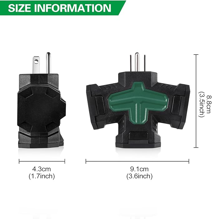 3 Outlet Indoor Outdoor Wall Adapter, ETL Listed 3-Prong Grounded Outlet Splitter, Weatherproof Heavy Duty Multi Outlet Power Plug Extender with Protective Cover, Black (Green, 1 Pack)