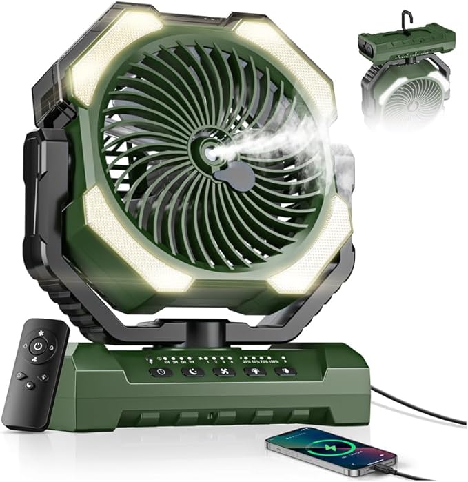 Misting Fan, Portable Camping Fans with 9oz Water Tank, 24000mAh Rechargeable Fan with 4 Speed, Battery Powered Fans with 120H Cooling, Last 5H Mist, 2 Mist Modes, Lights, Outside/Summer Essential