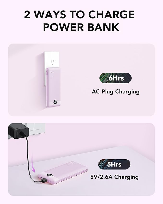 VRURC Portable Charger Built-in Cables and AC Wall Plug,USB C Power Bank 10000mAh, Travel Essentials Phone Charger Compact Lightweight External Battery Pack for Smart Phones, Tablets etc (Purple)