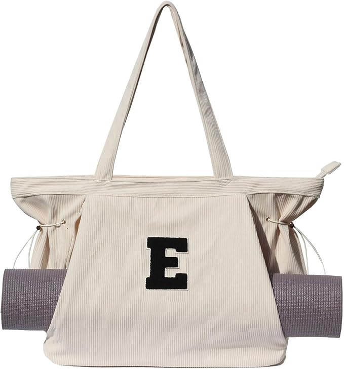 ESVAN Corduroy Yoga Tote Bag Gifts for Women Drawstring Yoga Mat Bag for Office Workout Travel Carryall Pilates Gym