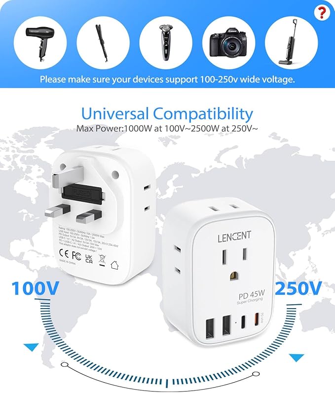 LENCENT US to UK Ireland Travel Plug Adapter, PD 45W Grounded Type G Adapter for Travel with 4 Outlets 4 USB Ports(2 USB C), Power Plug for US to Dubai Scotland British London England Singapore