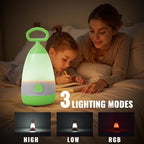 Kids Camping Lantern & Night Light Battery Powered, 360° Eye-Safe Light (AAA Included), IPX4 with RGB Modes Portable for Outdoor, Emergency , Gift for Children (Purple+Green 2 Pack)