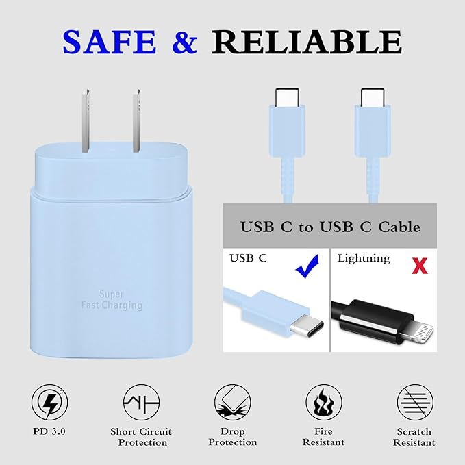 Type C Charger, 2-Pack 25W Type C Fast Charging Block with 6ft USB C Charger Cable Compatible with Galaxy S23 Ultra/S23+/S22/S21/S20/Phone 16/16 Plus/16 Pro Max/15/15 Pro Max/15 Plus-Blue