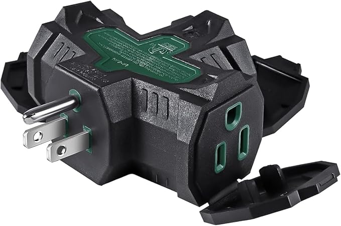 3 Outlet Indoor Outdoor Wall Adapter, ETL Listed 3-Prong Grounded Outlet Splitter, Weatherproof Heavy Duty Multi Outlet Power Plug Extender with Protective Cover, Black (Green, 1 Pack)
