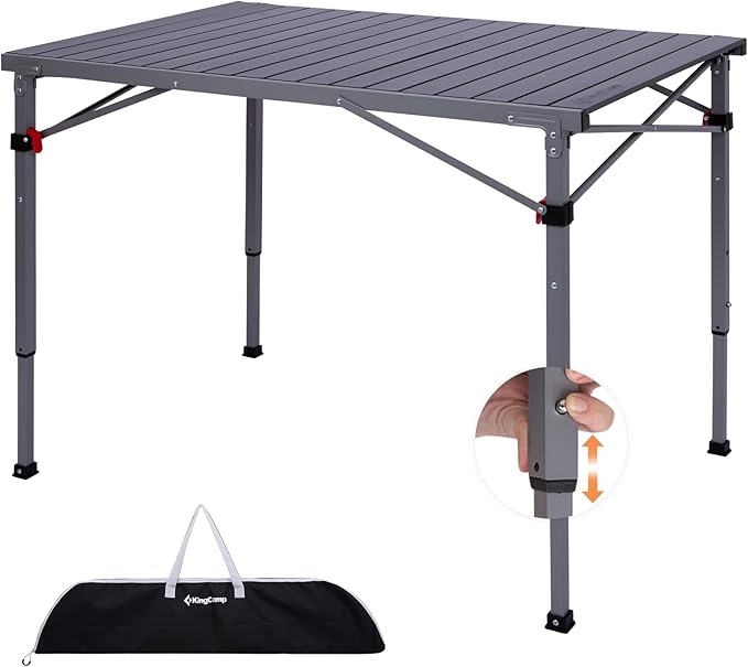 KingCamp Folding Camping Table Foldable Loads 265 Lbs, 42.1"× 27.6" Portable Table 3 Adjustable Height Aluminum Roll Up Camp Table with Carry Bag for Camping Picnic BBQ Backyard, Indoor & Outdoor