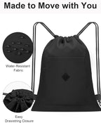 BAVELOE Drawstring Backpack Sports Gym Sackpack with Pockets Water Resistant Cinch String Bag for Women Men（Black）