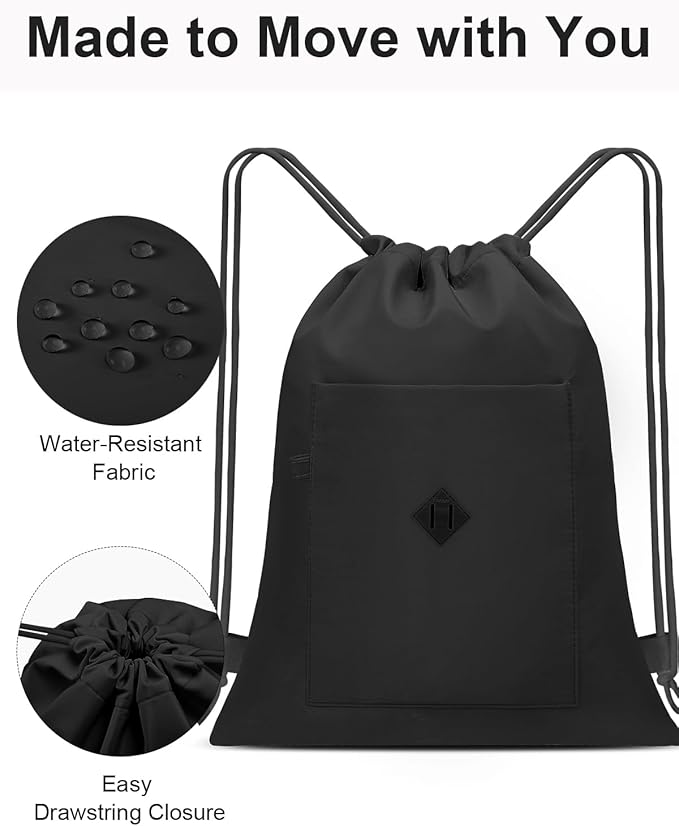 BAVELOE Drawstring Backpack Sports Gym Sackpack with Pockets Water Resistant Cinch String Bag for Women Men（Black）