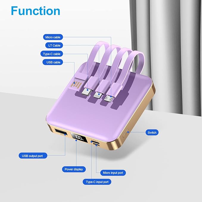 ummz Portable Charger 12000mAh with Built-in Cables,22.5W Fast Charging Power Bank,USB C Input/Output,Smart LED Display,Compact External Battery for iPhone 15,Samsung Galaxy,iPad,Tablets