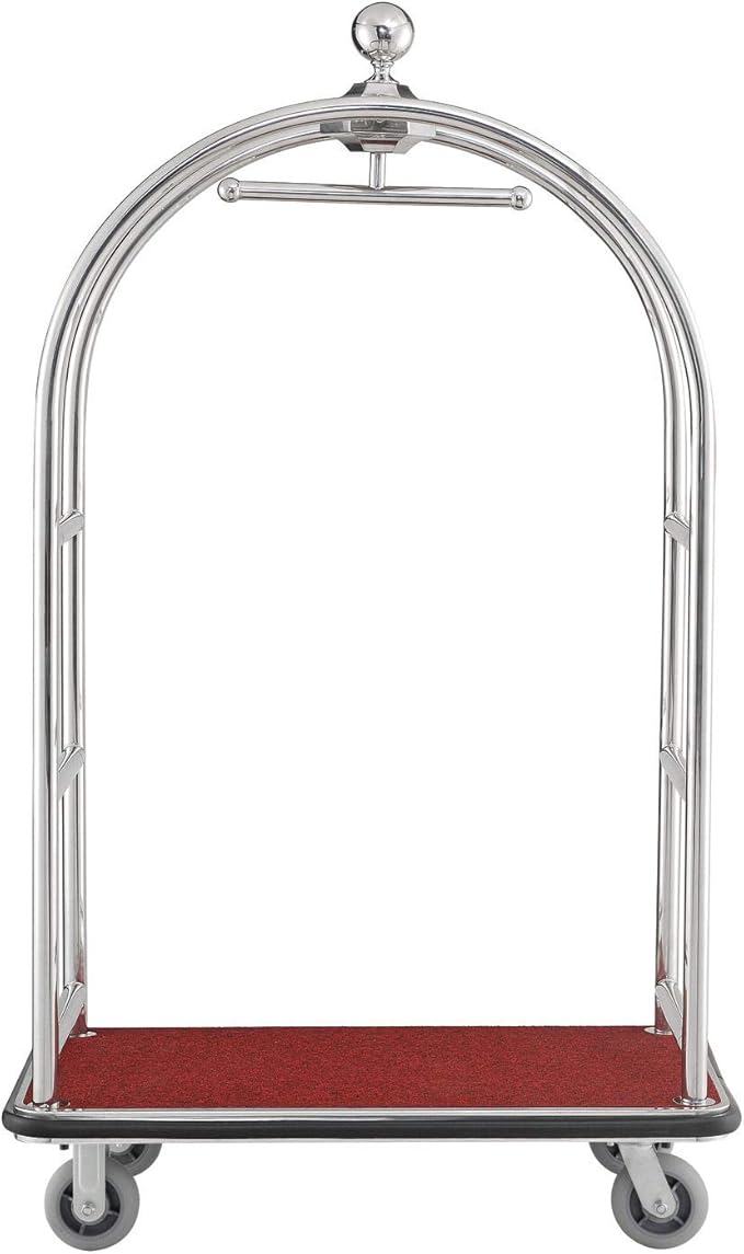 Global Industrial Silver Stainless Steel Bellman Cart Curved Uprights 6" Rubber Casters, 41-1/4"L x 24" W x 73" H, Hotel Luggage Cart for Commercial Use, Condos, Resorts