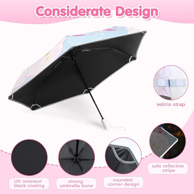 Kids Folding Umbrella Auto Open/Close Umbrellas for Rain Round Corner Safe Design UV Resistant Automatic Children Travel Umbrellas Reinforced Canopy 360° Reflective Strip Lightweight for Girls & Boys
