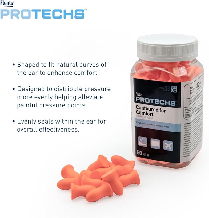 Flents Protechs Foam Ear Plugs, Contoured for Comfort, Ideal for Work with Loud Noise, Heavy Machinery, Construction, Studying & Traveling, NRR 32, Orange, Easy to Use, 50 Pair