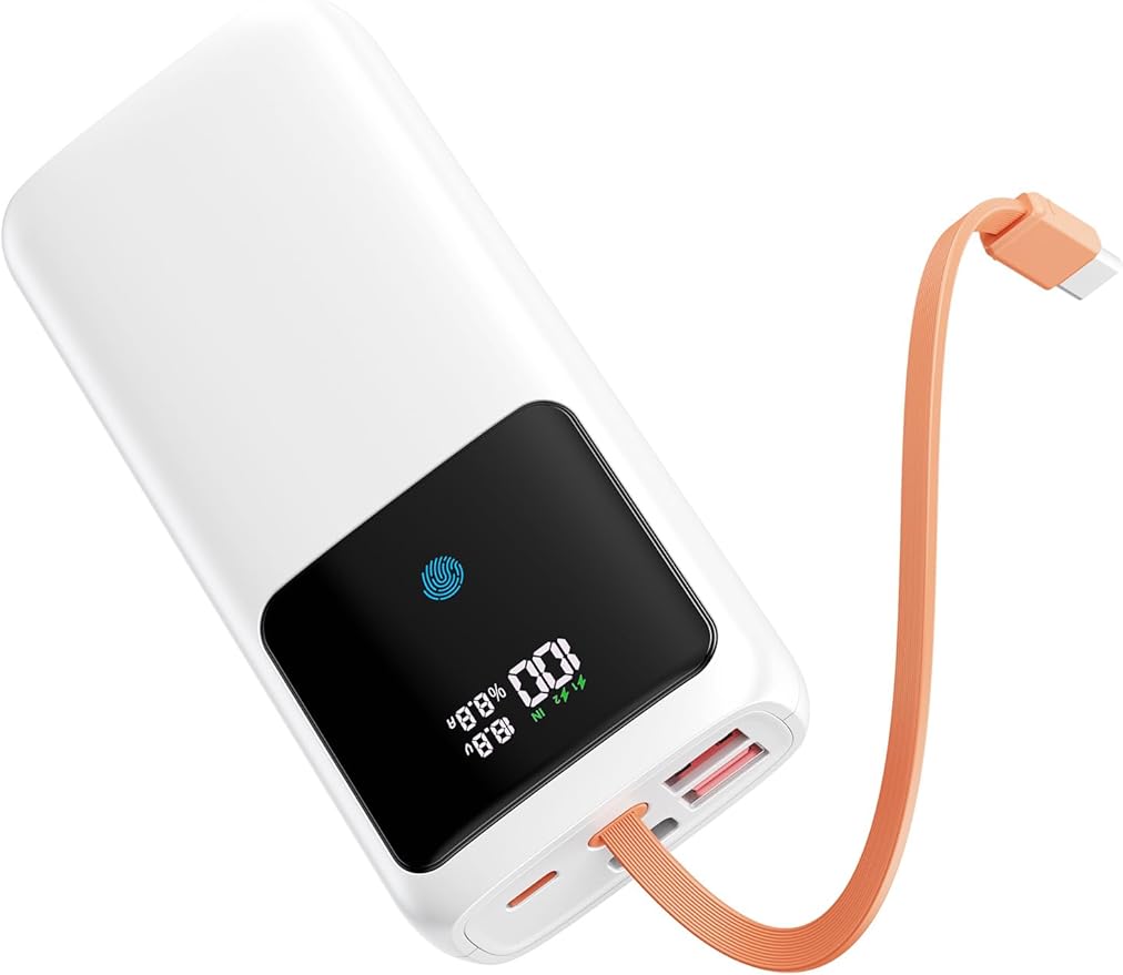 Laptop Power Bank, 24000mAh 65W Fast Charging Portable Charger with Built-in Cable, USB C Battery Pack with LED Display, Travel Essential External Battery Bank for Macbook/Notebook/Tablet/Phone White