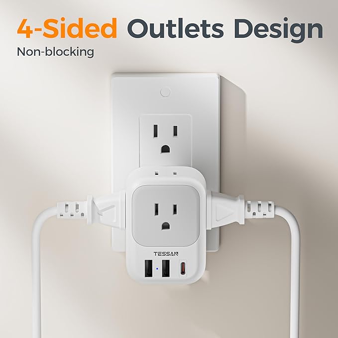 TESSAN USB C Charger Block 20W PD, Fast Charging Adapter Wall Plug, Power Outlet Extender(4 AC and 3 USB) for Cruise, Home, Office, Dorm Room Essentials, Grey