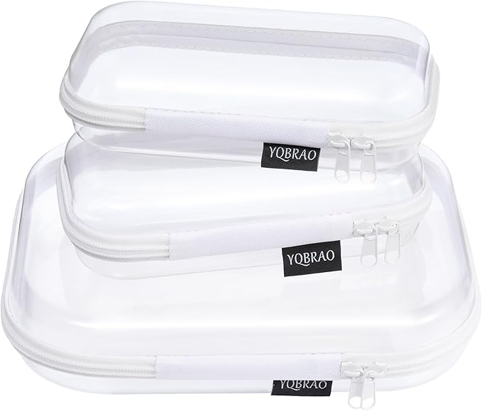 YQBRAO 3-Pack Clear Hard Shell Zipper Case, 1.2mm Heavy-Duty Crush-Proof Travel Makeup Bag, TSA Approved Clear Zipper Pouches, Rigid Toiletry & Diaper Bag Organizer for Toys, Tech & Art Supplies