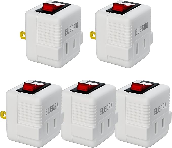 Elecan 2 Prong Outlet Extender with On/Off Switch (5 Pack), Power Switch Outlet Adapter Wall Tap, Energy Efficient Adapter for Small Appliances, Space-Saving Design, Travel Essentials,ETL Listed,White