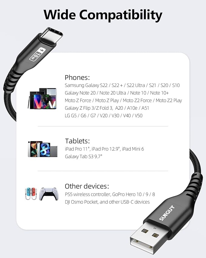 SUNGUY USB C Cable 1FT [3Pack], 3A USB A to USB C Cable Fast Charger Data Transfer Braided Compatible with iPhone 16 15 Pro/Pro Max/Plus, Samsung Galaxy S23/S22, Note10/9, USB C Devices, Black