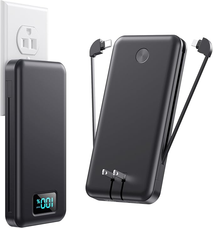 Portable Charger with Built-in AC Plug and Cables,13800mAh USB C Fast Charging Power Bank,Travel Essentials Portable Phone Charger Battery Pack for iPhone 17/16/15/14/13,Galaxy,Android-Graphite Black