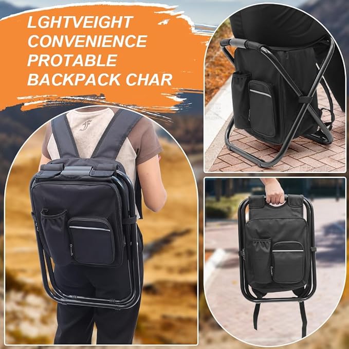 YESIACE Portable Folding Camping Stool, Backpack with Cooler Bag, Hiking Seat, Outdoor Fishing Hunting Gifts, Black