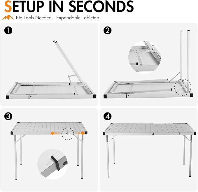Portal Camping Table with Expandable Tabletop, 37" to 51.2" Adjustable Length Aluminum Folding Table, Large for 2-6 Person, Design with Storage Mesh & Carry Bag for Car Camping, Backyard, Tailgating