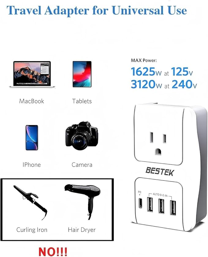 BESTEK Travel Adapter PD 35W, Universal Power Adapter 1 USB C 3 USB A, International Plug Adaptor Worldwide Outlet for US to European UK Spain - for Laptop, Phone, Camera
