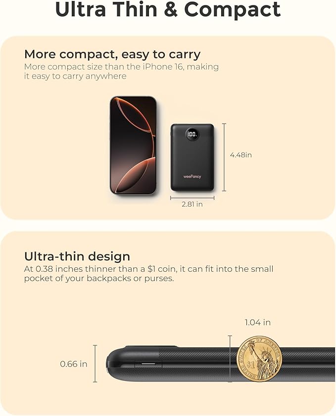 Small Portable Charger 10000mAh, Mini Power Bank with LED Display, 20W Fast Charging USB-C Battery Pack, Compact Travel Charger Compatible with iPhone 17/16/15/14, Samsung S25/24, Android, etc