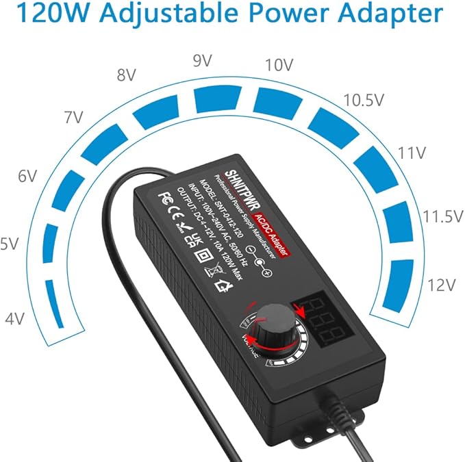SHNITPWR 4V - 12V Power Supply 10A 120W AC to DC Adapter DC 4V 4.5V 5V 6V 7V 8V 9V 10V 11V 12V Voltage Adjustable Universal Power Converter Transformer 100-240V AC In with 14 Tips & Polarity Converter