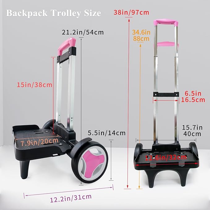 Backpack Trolley Cart with Stair-Climbing Wheels – Foldable Aluminum Frame, Adjustable Handle and 77 lbs Capacity – Quiet Large Wheels with Edge Guard – Pink – Fits Travel Bags, Book Bags, Shopping