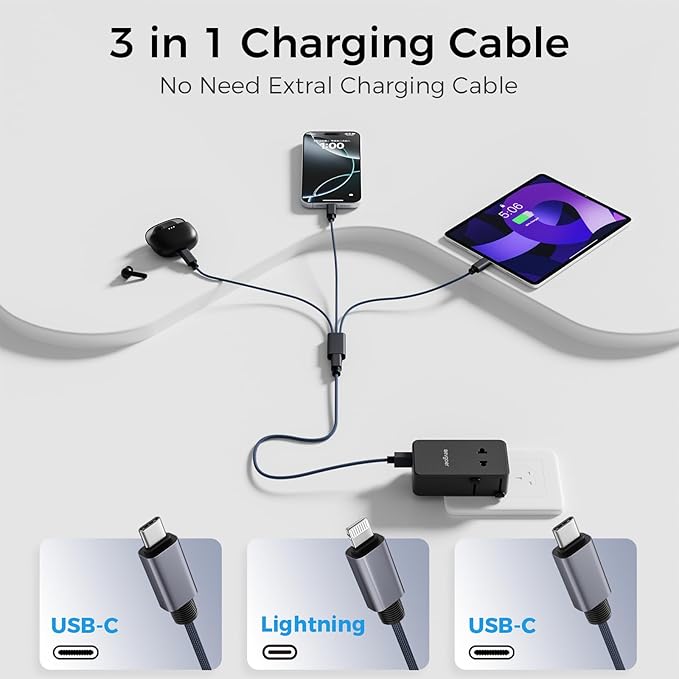 Universal Travel Adapter with 3-in-1 Charging Cable, International Power Adapter with 1 AC Outlet, 1 USB-A & 2 USB-C Ports, Works in 150+ Countries (US/EU/UK/AU), Not a Voltage Converter