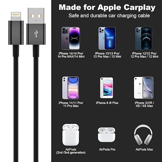 Snisre Car Carplay Cable, USB A to Lightning Cable 3FT Compatible with iPhone 14 13 12 11 Pro Max XR XS X Charger Cord，Car Charging Cord（Black）
