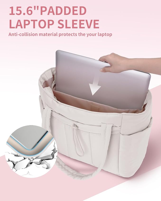Wandering Nature Puffer Tote Bag with Cup Holder & Laptop Compartment & Trolley Sleeve for Travel, Work, Nurse, Women