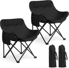 2 Pack Compact Camping Chairs Portable Folding for Outside with Carry Bag Lightweight Moon Chairs for Travel Picnic Hiking Beach Fishing, 600D Oxford, Supports 330lbs(Black)