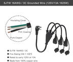 Outdoor 3-Outlet Power Splitter, 90-Degree Flat Plug 1 to 3 Way Outlet Adapter 1.5FT SJTW 16AWG 3-Prong Power Cord Extension Strip with Outlet Cover for Holiday Decoration String Light(1-Pack)